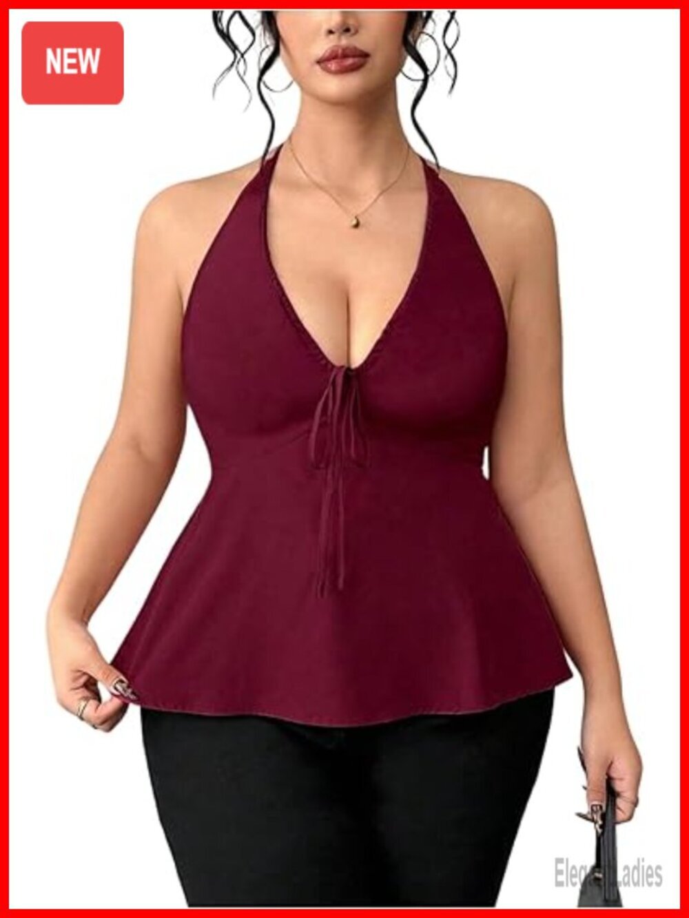 Plus Size Peplum Halter Top Tie Front V Neck Sleeveless Backless Ruffle Going